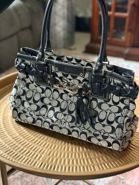 Coach Black and Cream Signature Shoulder Tote with Tassel